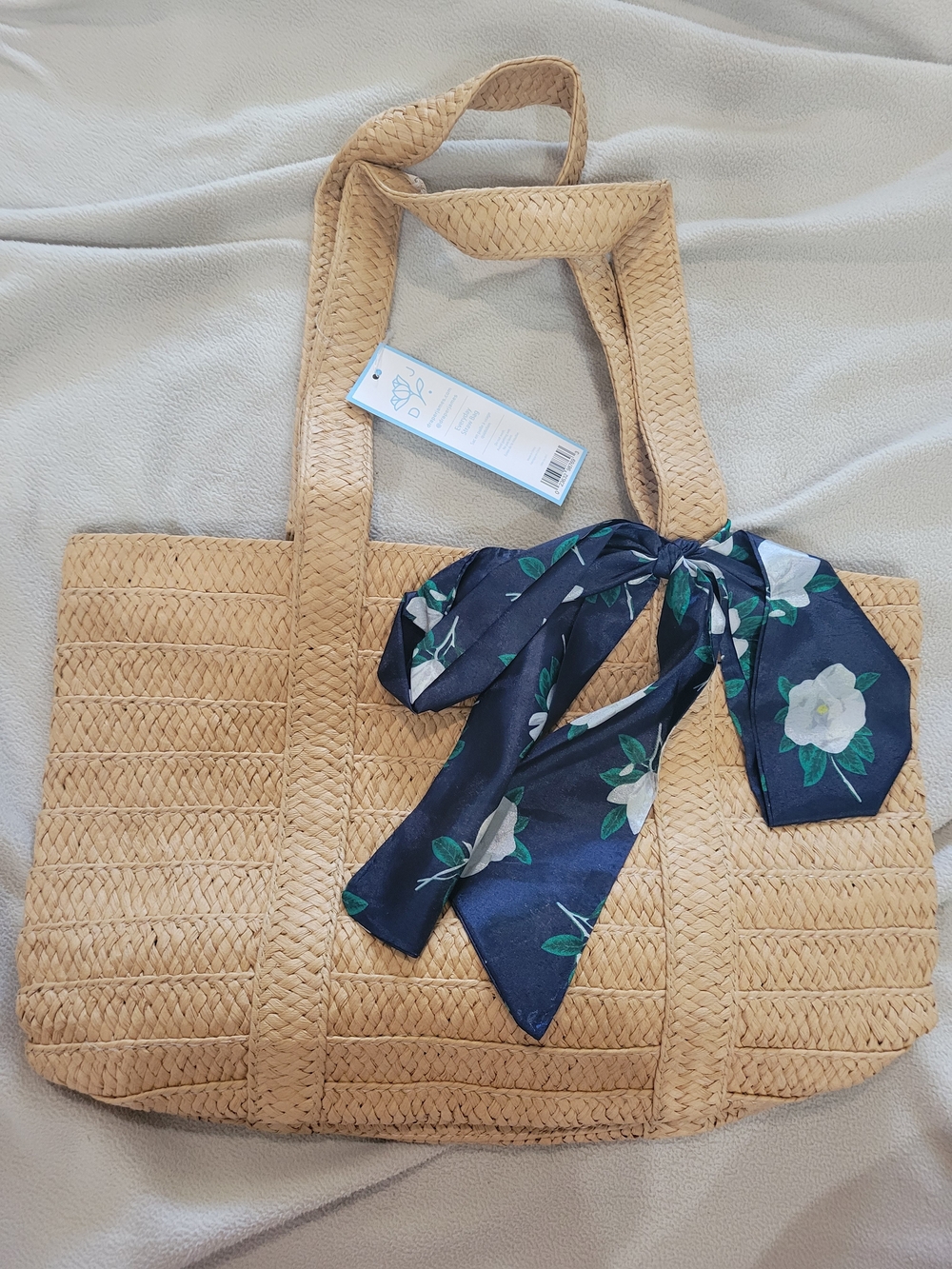 Draper James Natural Straw Shoulder Tote with Navy Floral Scarf